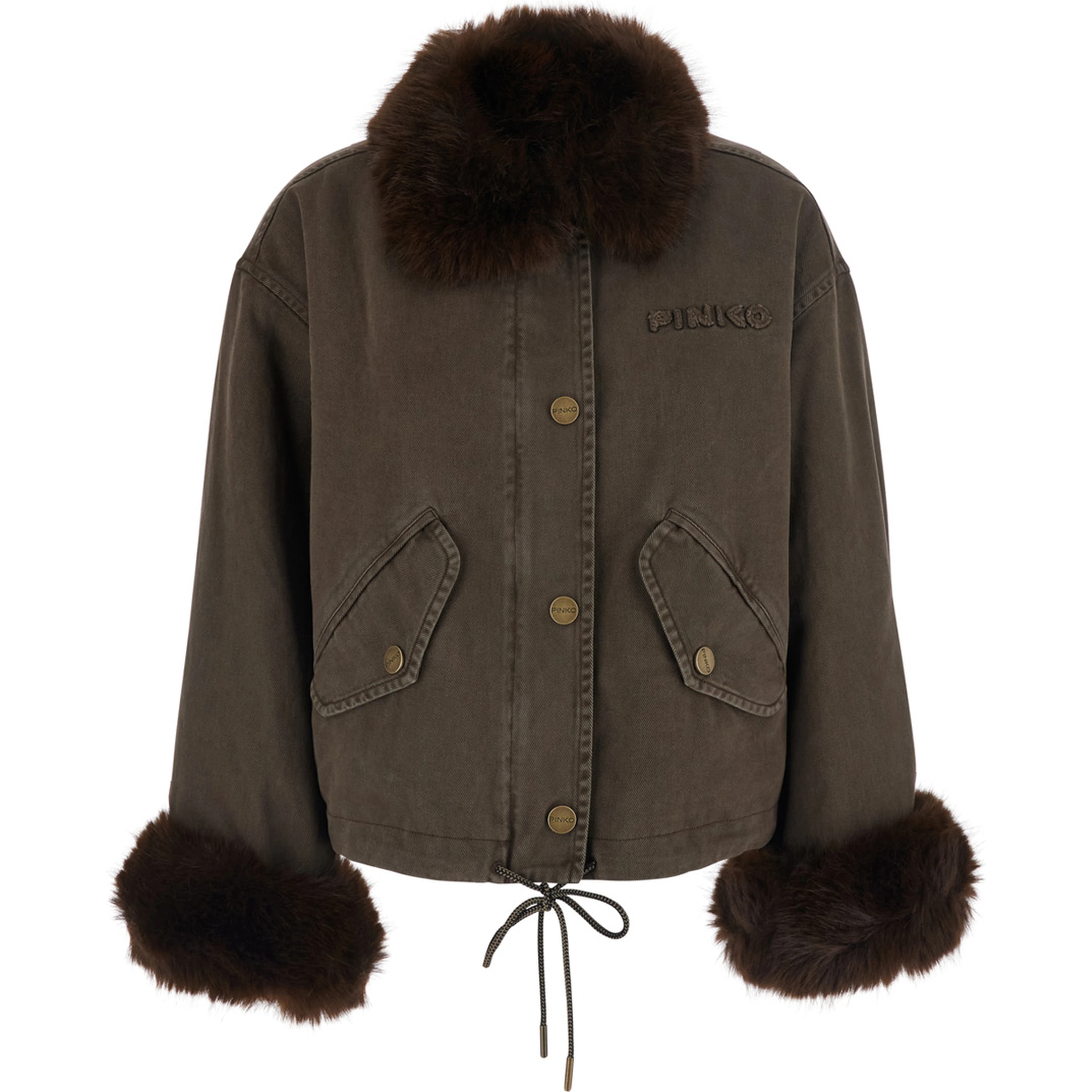 brown Jacket with eco-fur details and Logo lettering in cotton for women