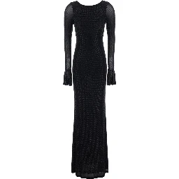Black Long Dress with Wide Back Neckline and Applied Rhinestones in Fabric for Women