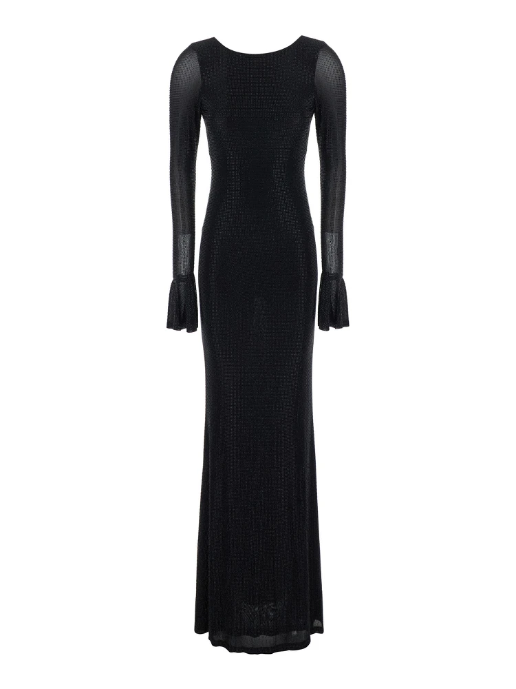 Black Long Dress with Wide Back Neckline and Applied Rhinestones in Fabric for Women