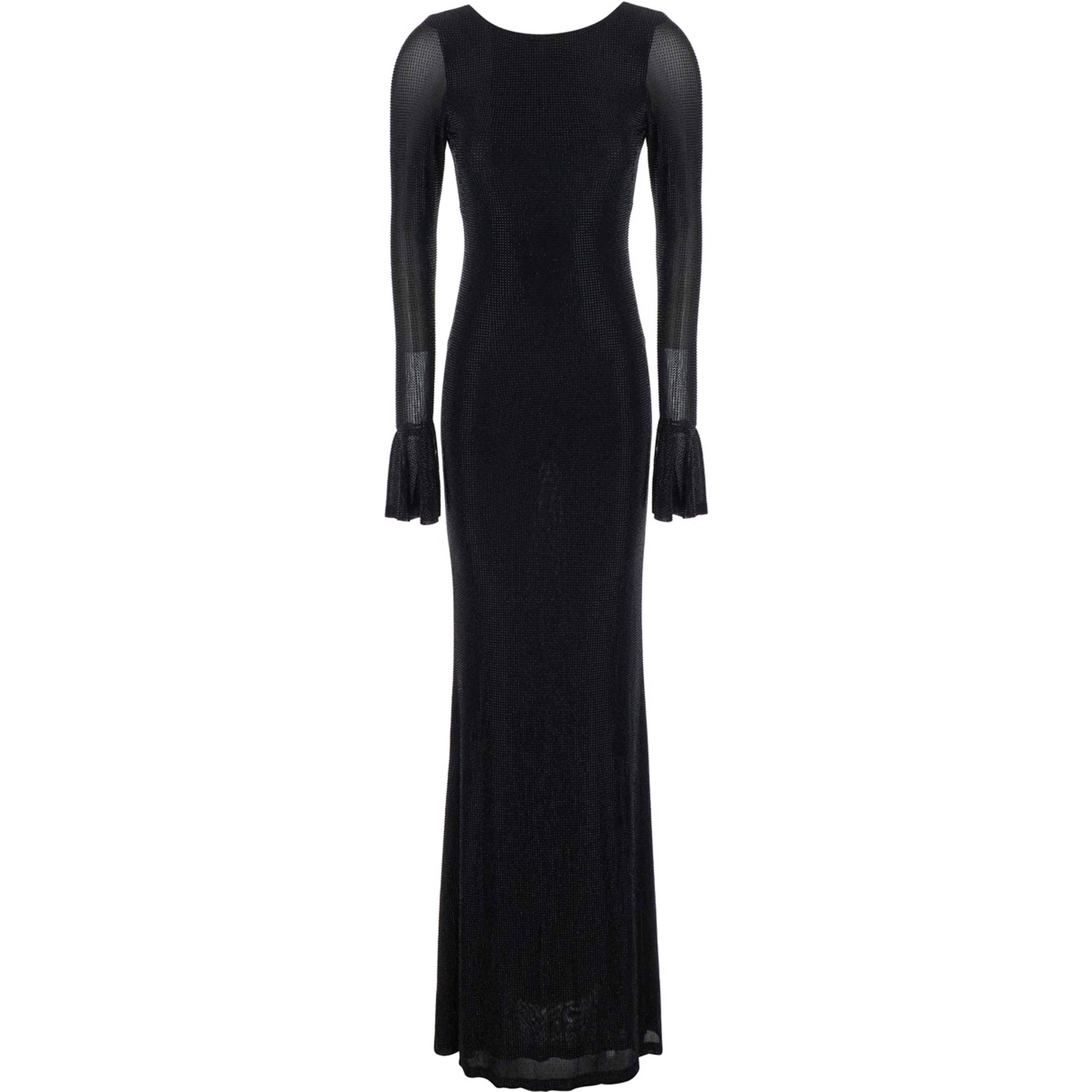 Black Long Dress with Wide Back Neckline and Applied Rhinestones in Fabric for Women