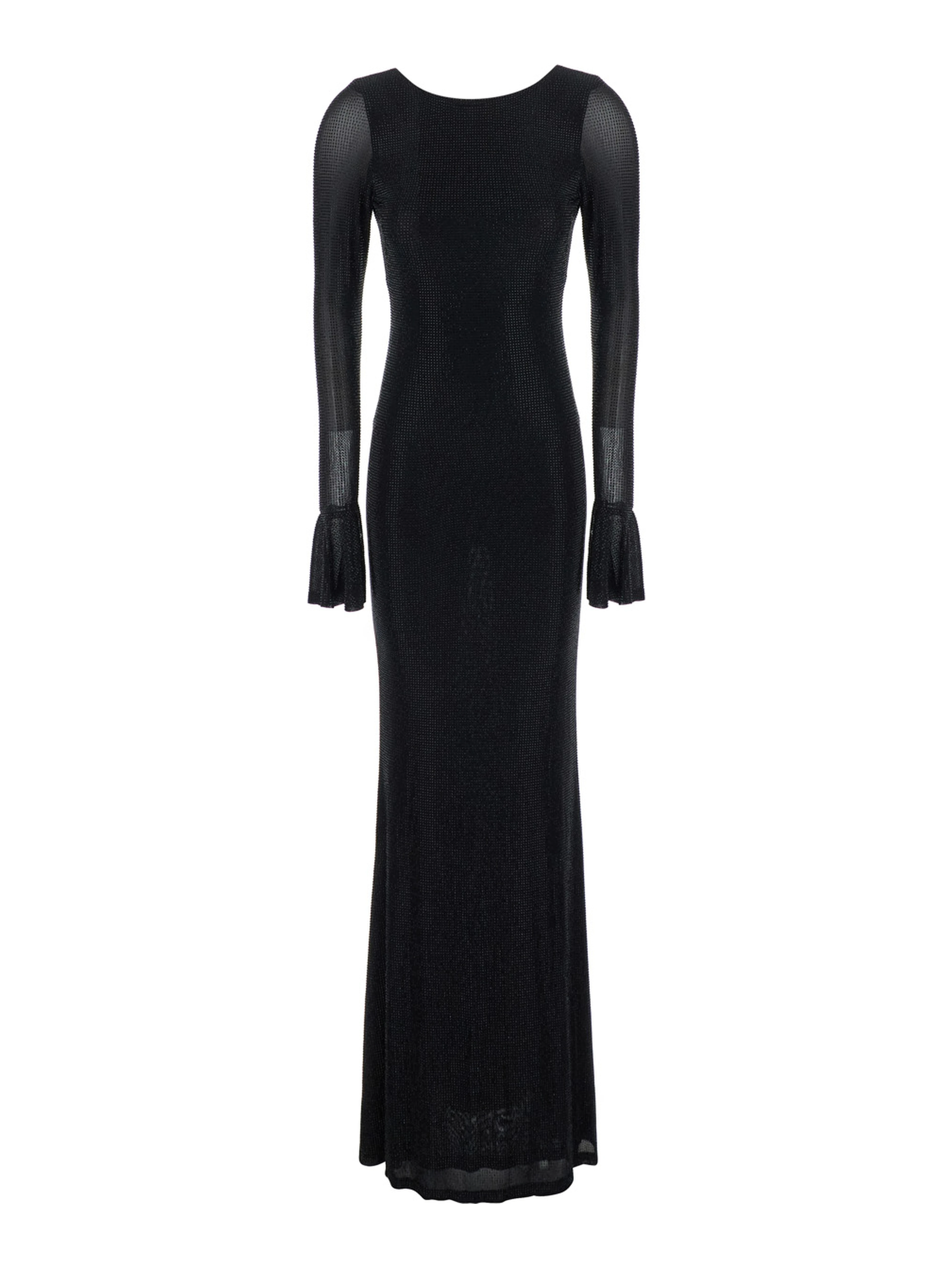 Black Long Dress with Wide Back Neckline and Applied Rhinestones in Fabric for Women