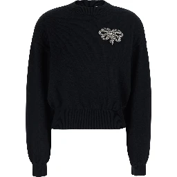 Black Crew Neck Sweater with Crystals Applied on the Front in Wool and Cotton Blend Women