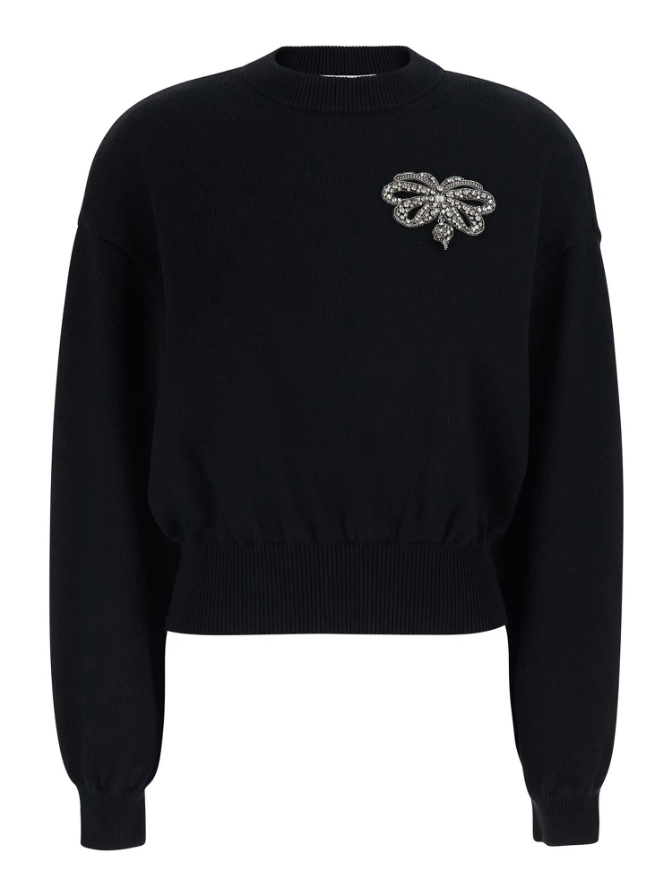 Black Crew Neck Sweater with Crystals Applied on the Front in Wool and Cotton Blend Women