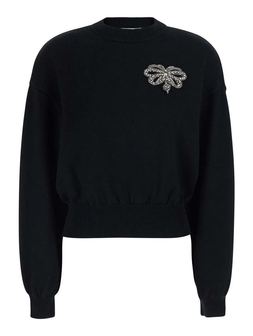 Black Crew Neck Sweater with Crystals Applied on the Front in Wool and Cotton Blend Women