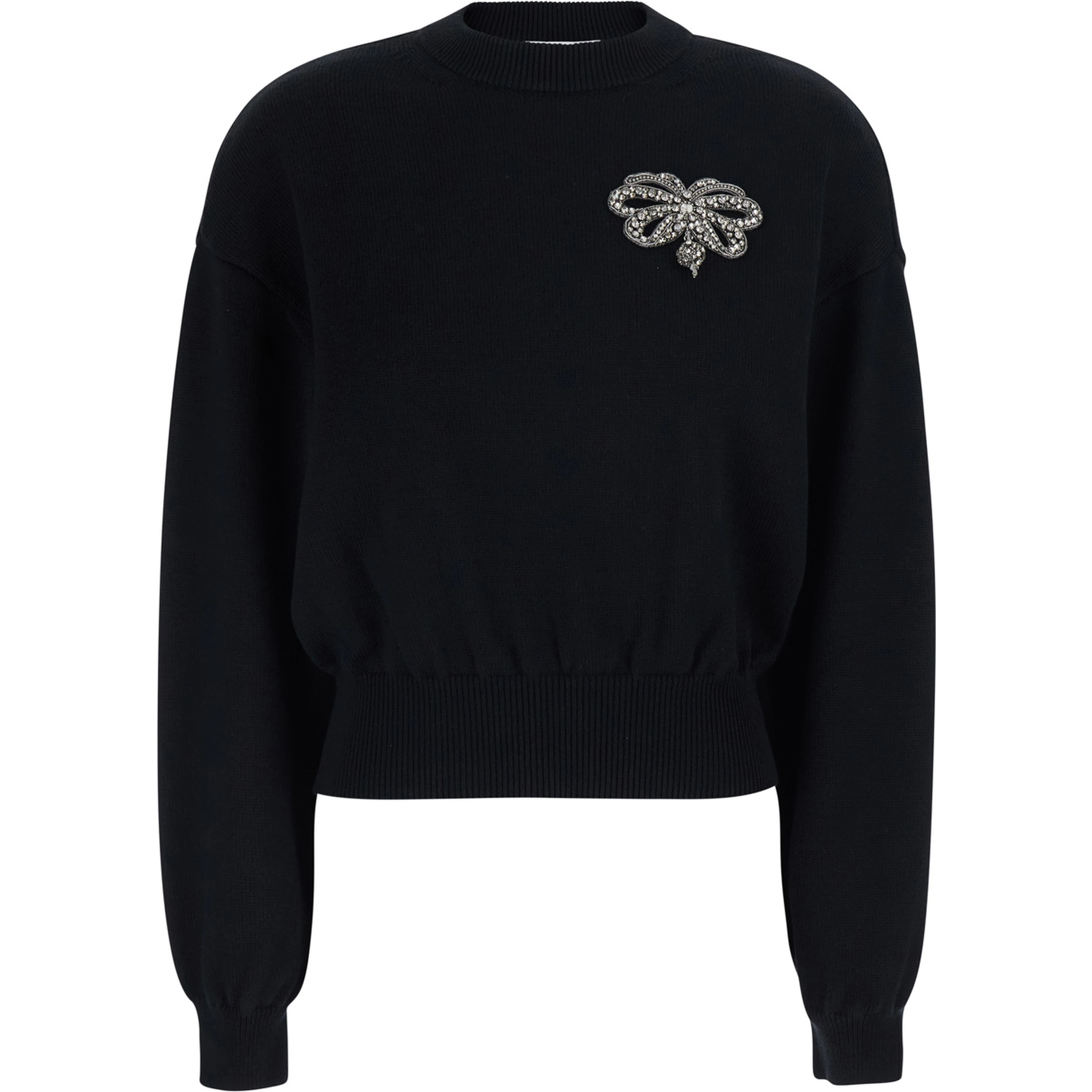Black Crew Neck Sweater with Crystals Applied on the Front in Wool and Cotton Blend Women