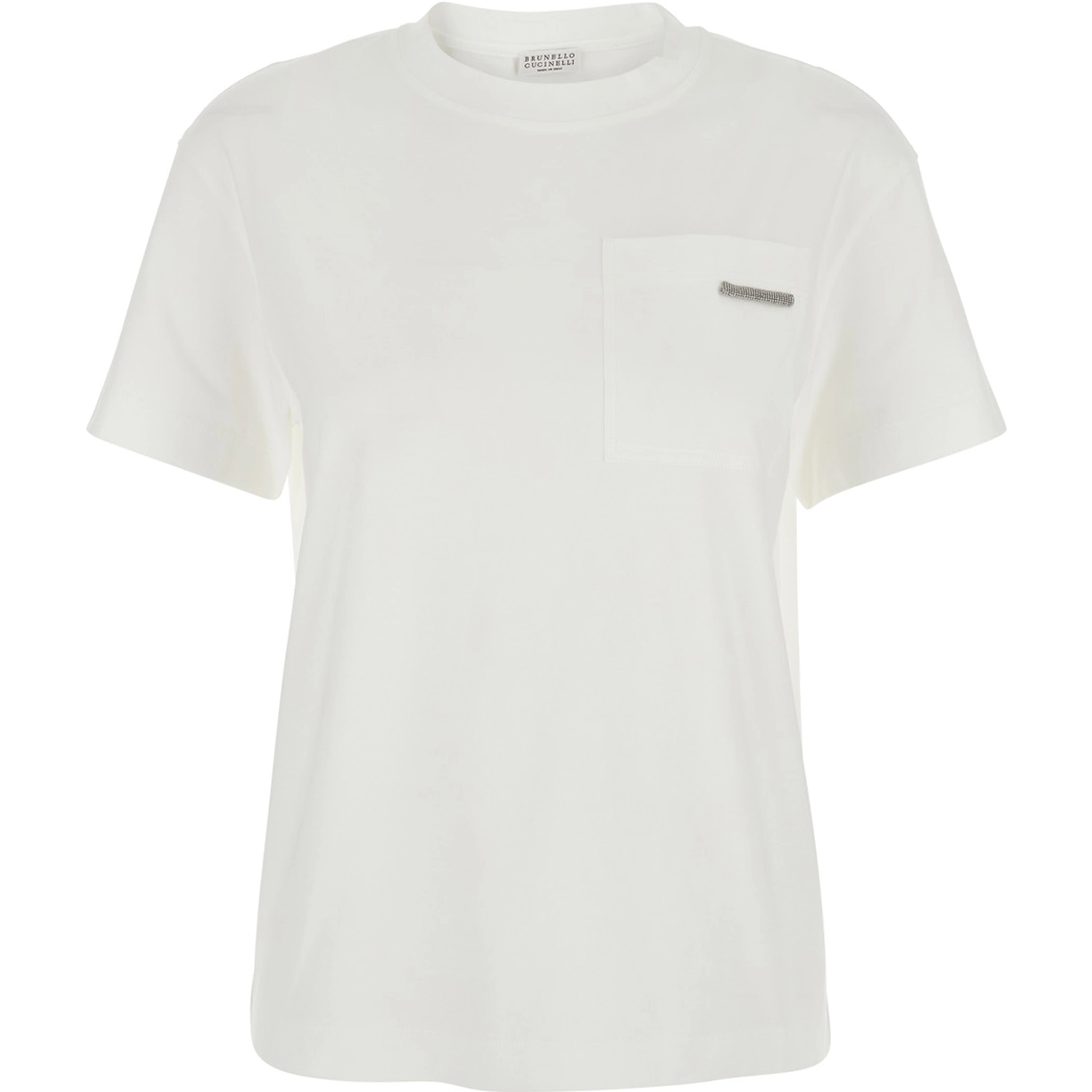 White Crew Neck T-Shirt with Monile Detail on the Front in Cotton for Women