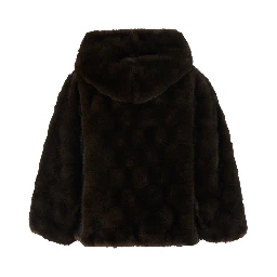 Brown shearling jacket with hood and front zip closure in ecofur for women