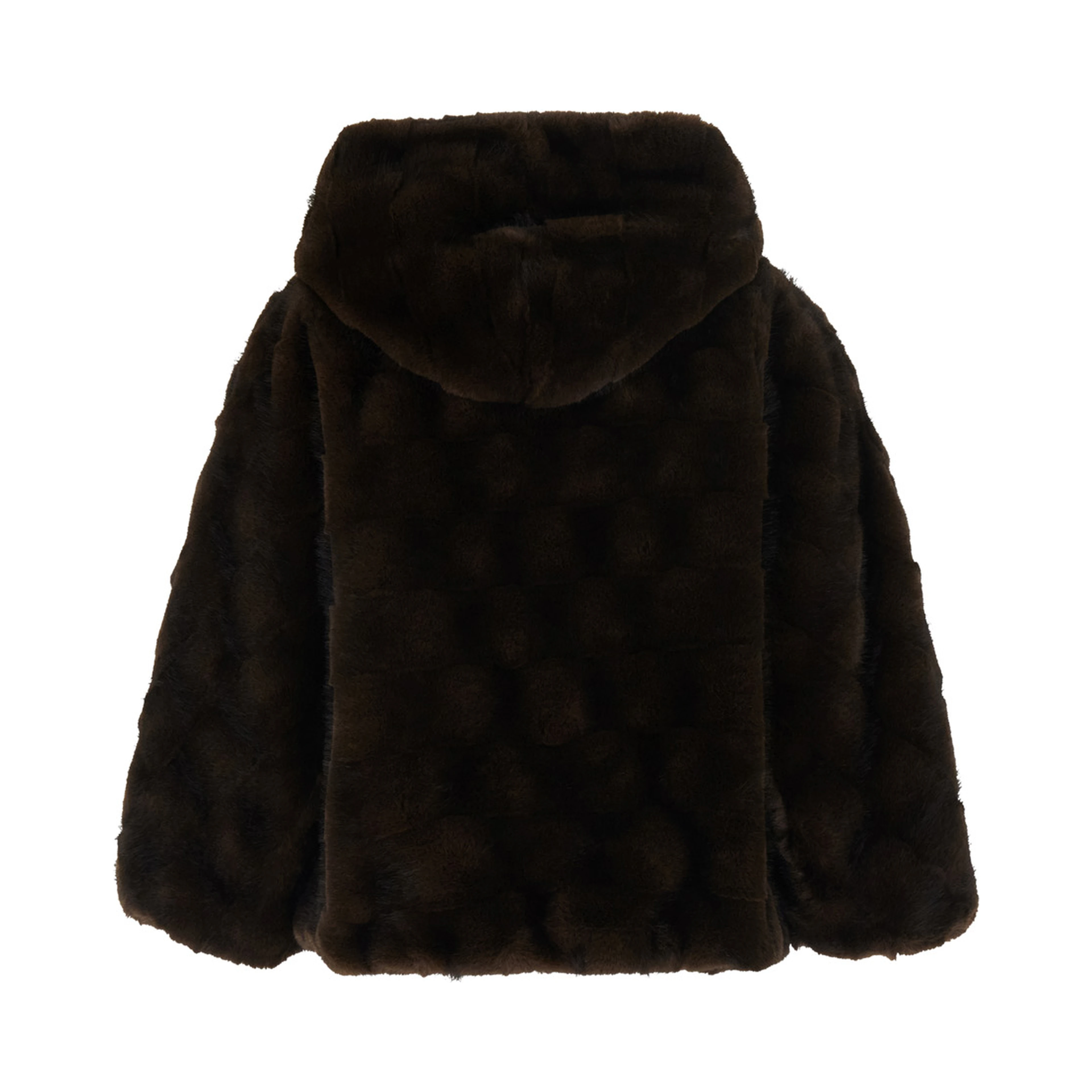 Brown shearling jacket with hood and front zip closure in ecofur for women