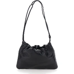 Nella Black Shoulder bag with Drawstring Closure and Top Strap in Leather for Women