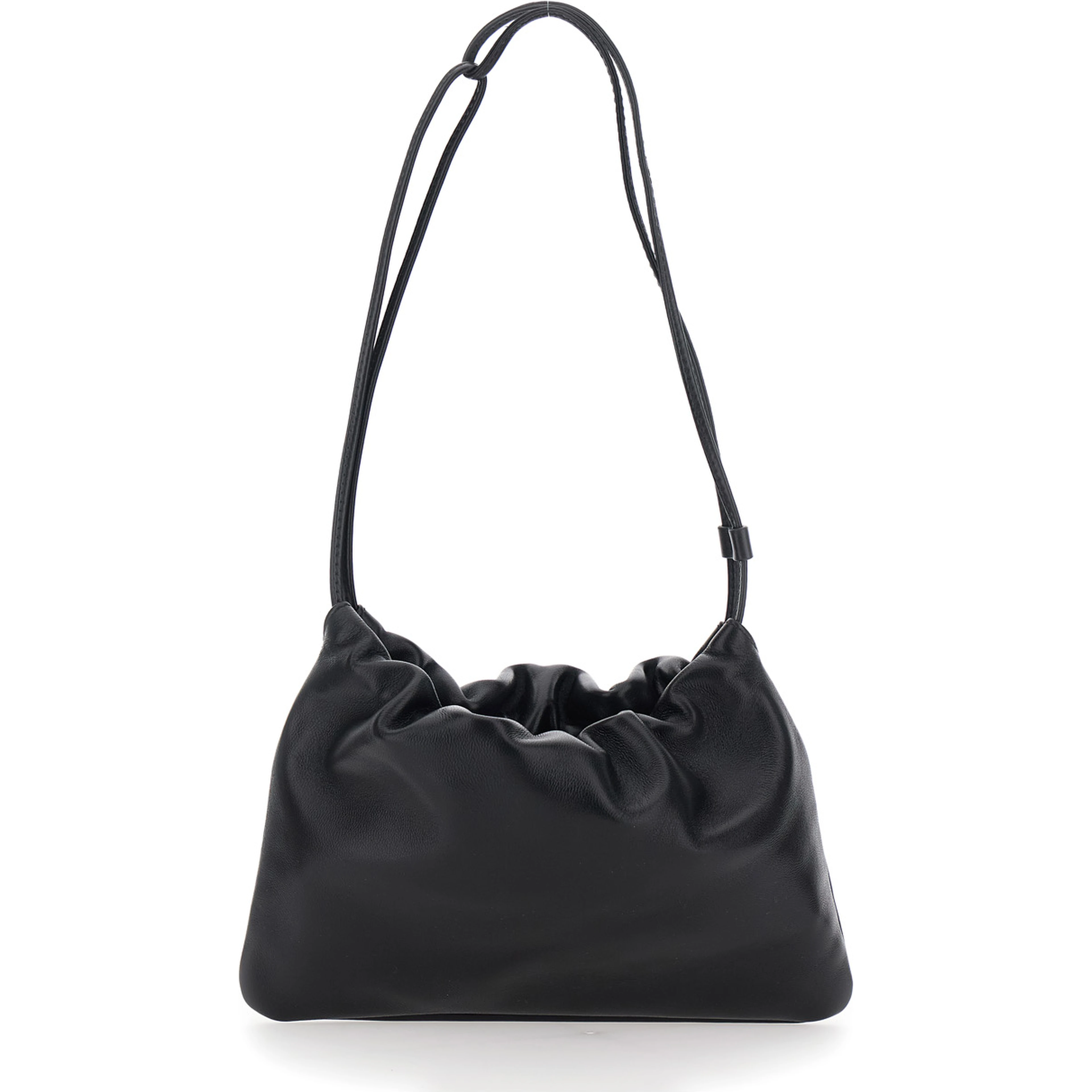 Nella Black Shoulder bag with Drawstring Closure and Top Strap in Leather for Women