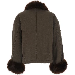 brown Jacket with eco-fur details and Logo lettering in cotton for women