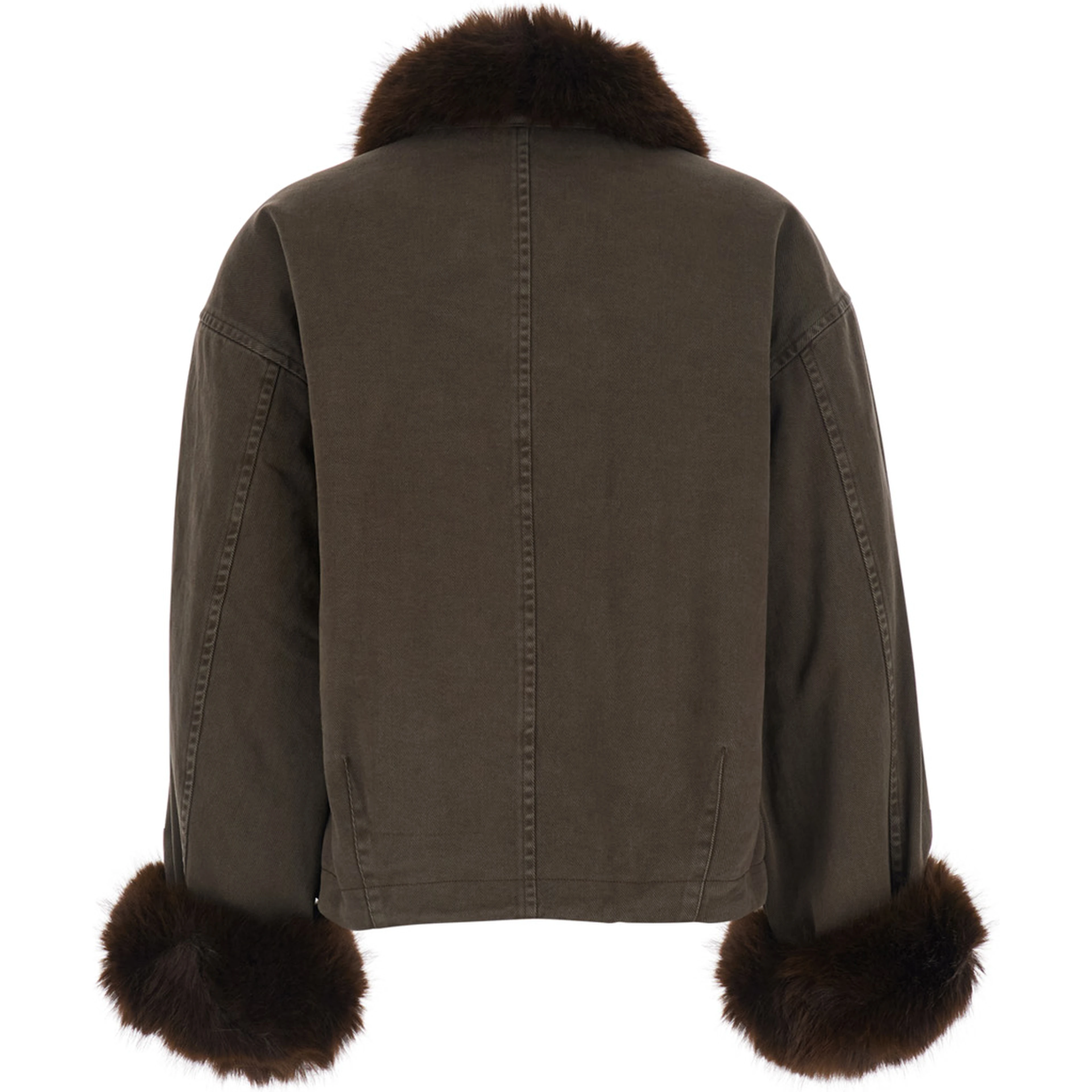 brown Jacket with eco-fur details and Logo lettering in cotton for women