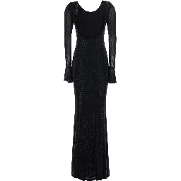 Black Long Dress with Wide Back Neckline and Applied Rhinestones in Fabric for Women