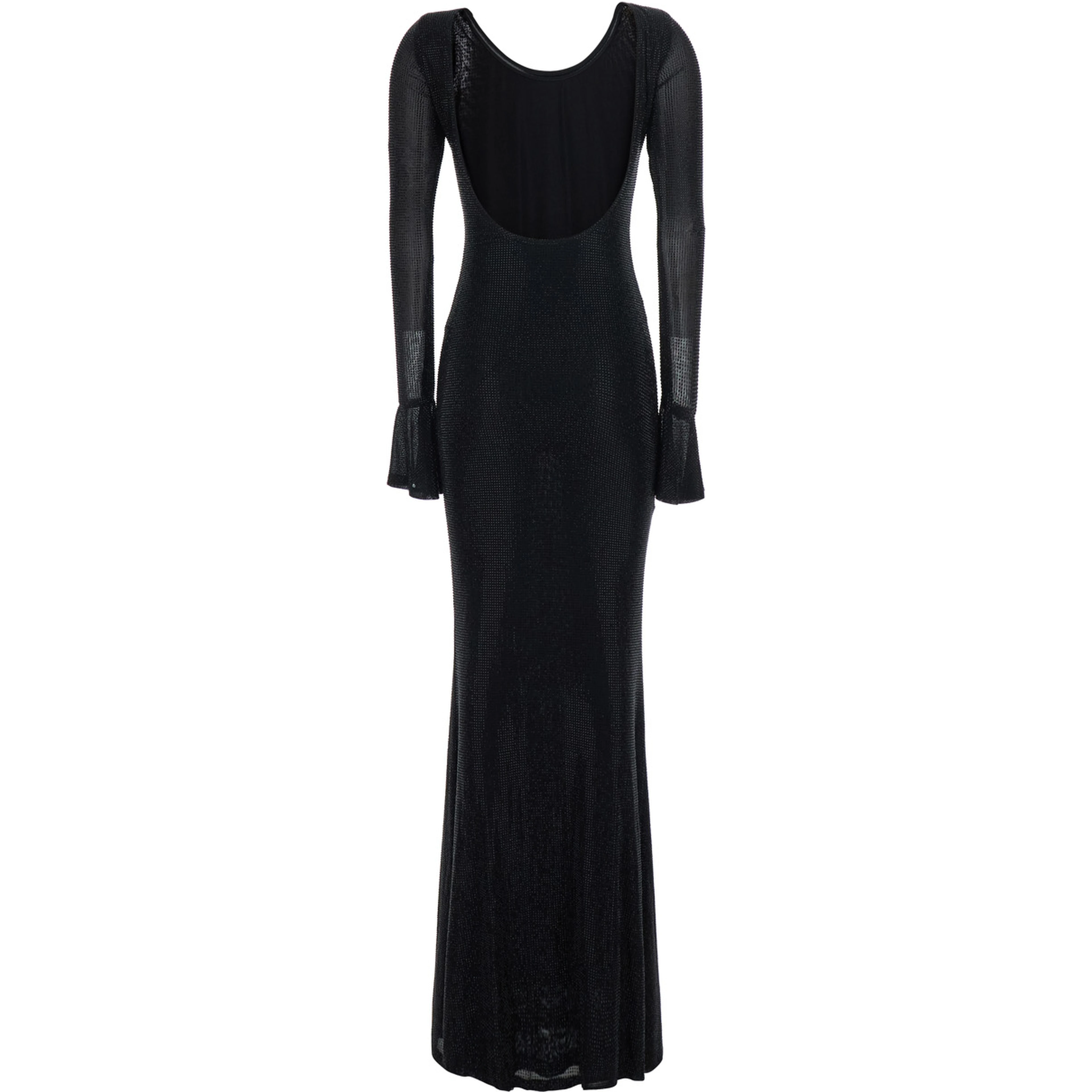 Black Long Dress with Wide Back Neckline and Applied Rhinestones in Fabric for Women