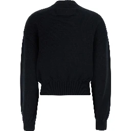 Black Crew Neck Sweater with Crystals Applied on the Front in Wool and Cotton Blend Women