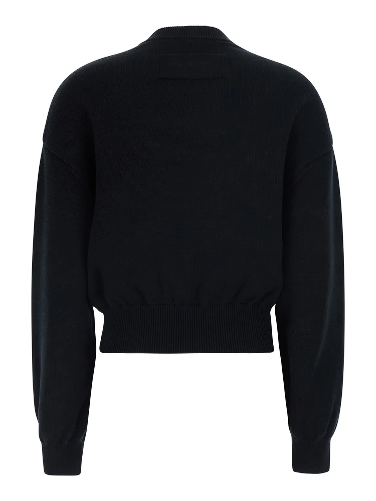 Black Crew Neck Sweater with Crystals Applied on the Front in Wool and Cotton Blend Women alternative