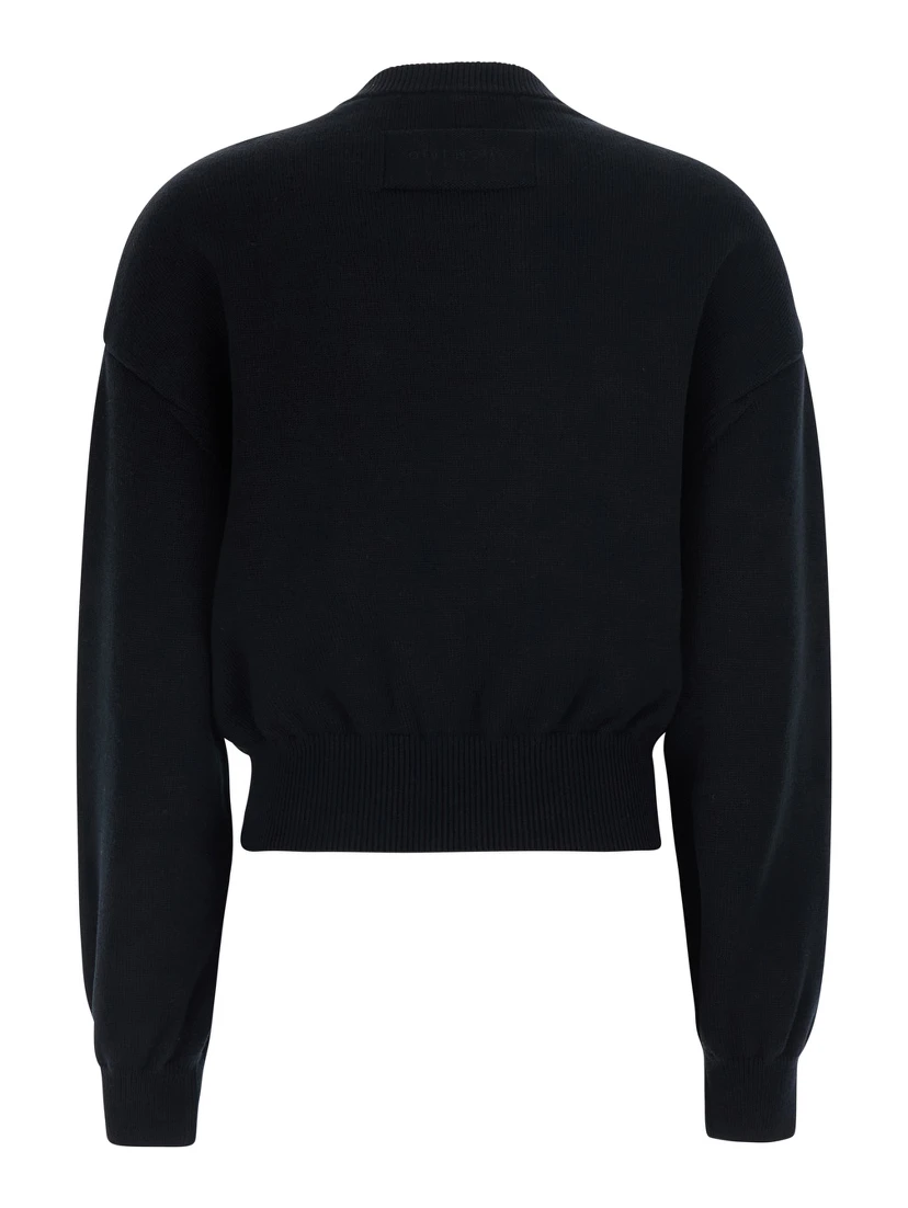 Black Crew Neck Sweater with Crystals Applied on the Front in Wool and Cotton Blend Women