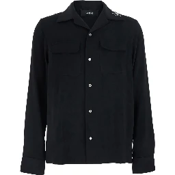 Black Shirt with Notched Collar with logo lettering Embroidery in Tech Fabric for Men