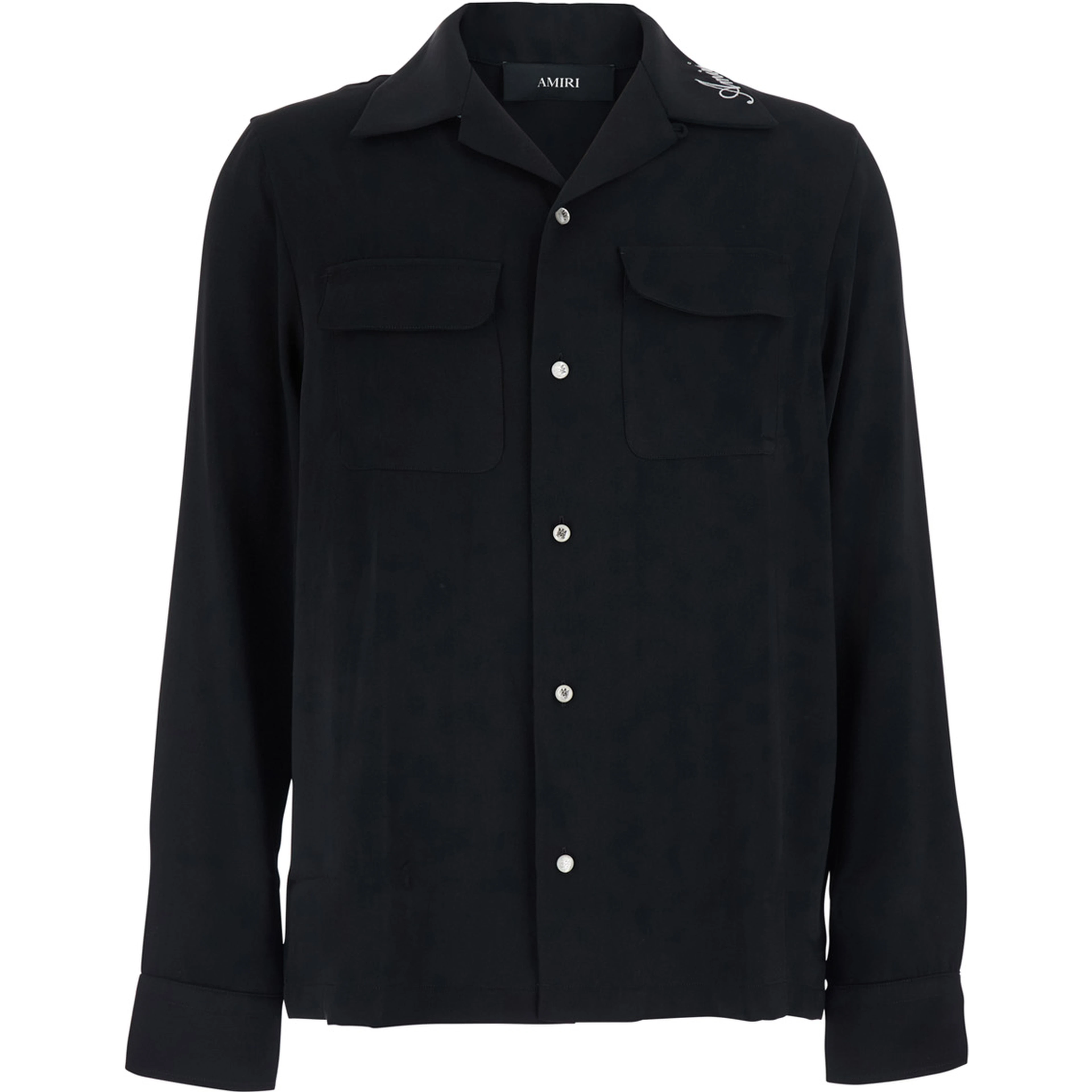 Black Shirt with Notched Collar with logo lettering Embroidery in Tech Fabric for Men