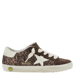 Superstar Brown Low Top Sneakers with Star Patch on the Side and All-Over Glitter in Leather Girl