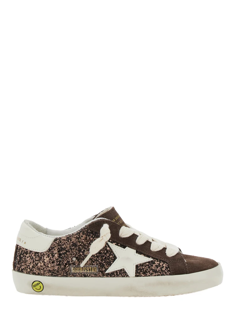 Superstar Brown Low Top Sneakers with Star Patch on the Side and All-Over Glitter in Leather Girl