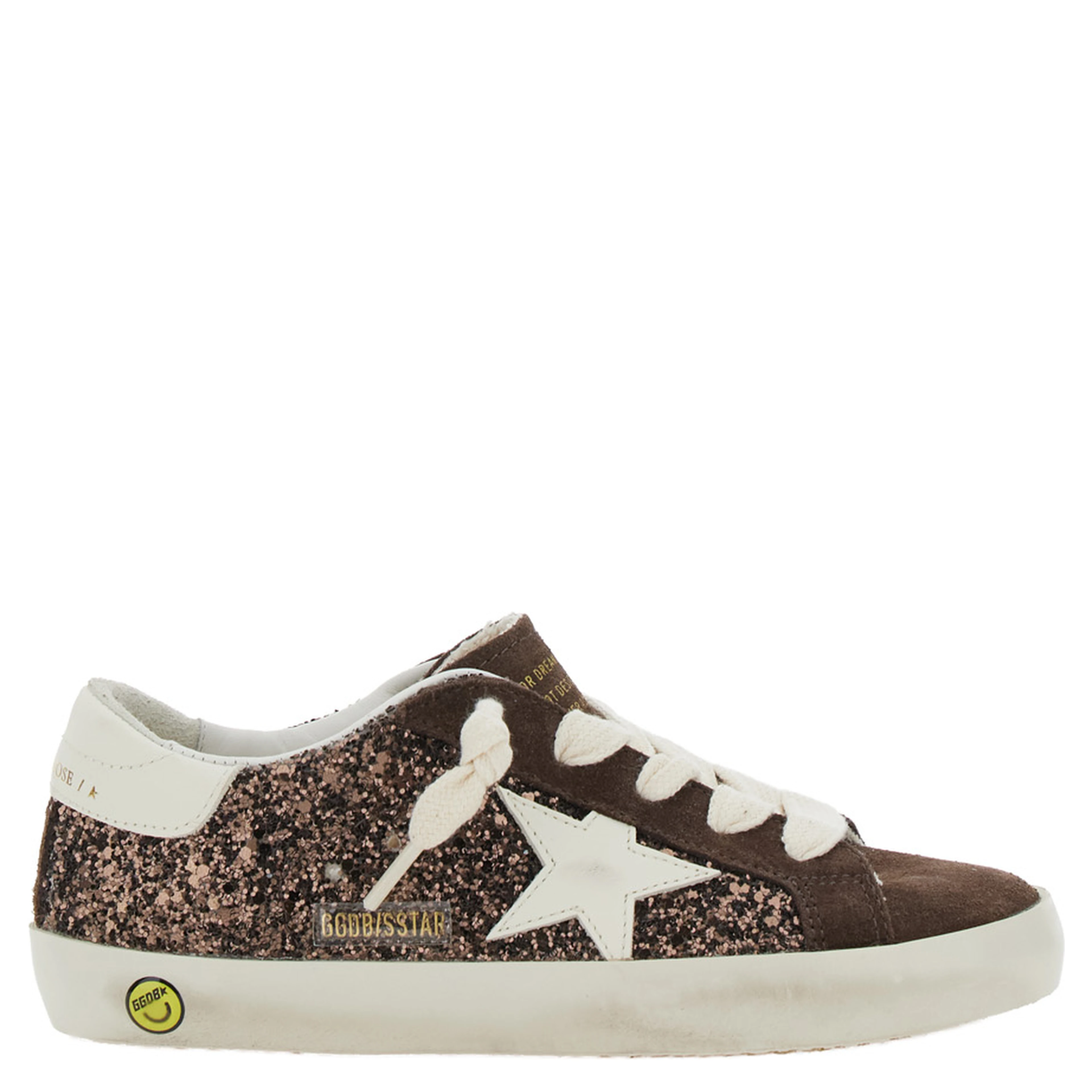 Superstar Brown Low Top Sneakers with Star Patch on the Side and All-Over Glitter in Leather Girl