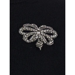 Black Crew Neck Sweater with Crystals Applied on the Front in Wool and Cotton Blend Women