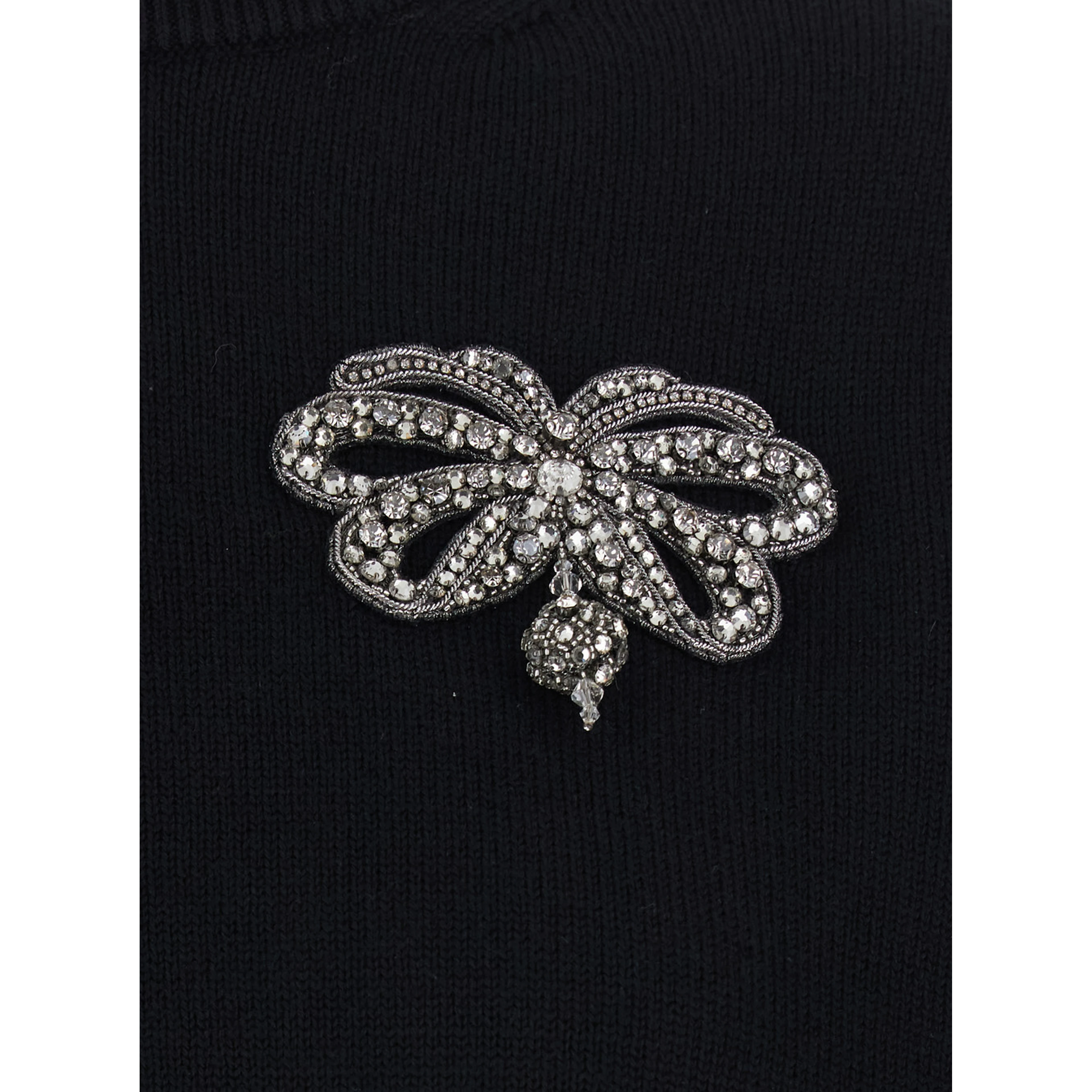 Black Crew Neck Sweater with Crystals Applied on the Front in Wool and Cotton Blend Women