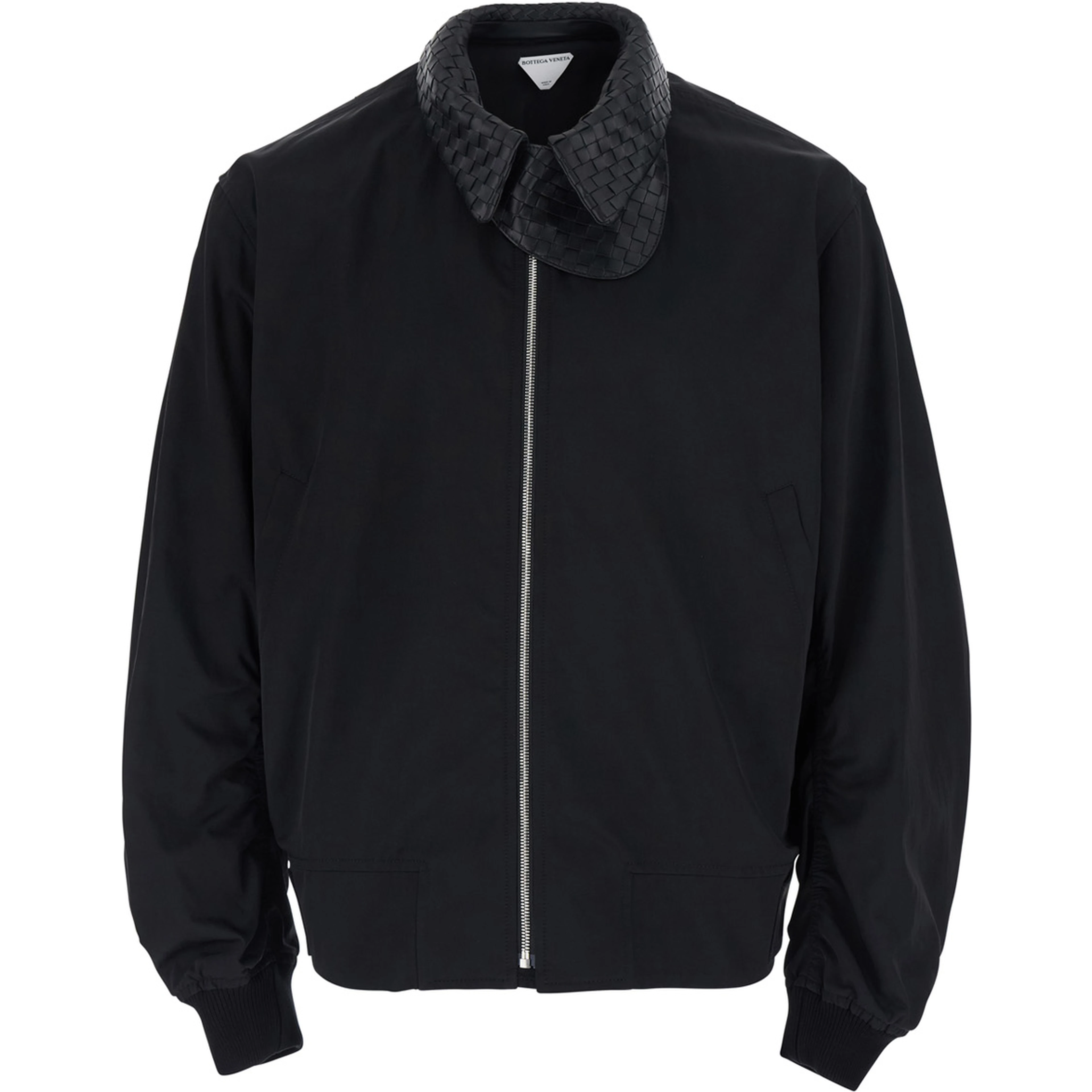 Black Jackets with leather collar with Intreccio design in Tech Fabric men