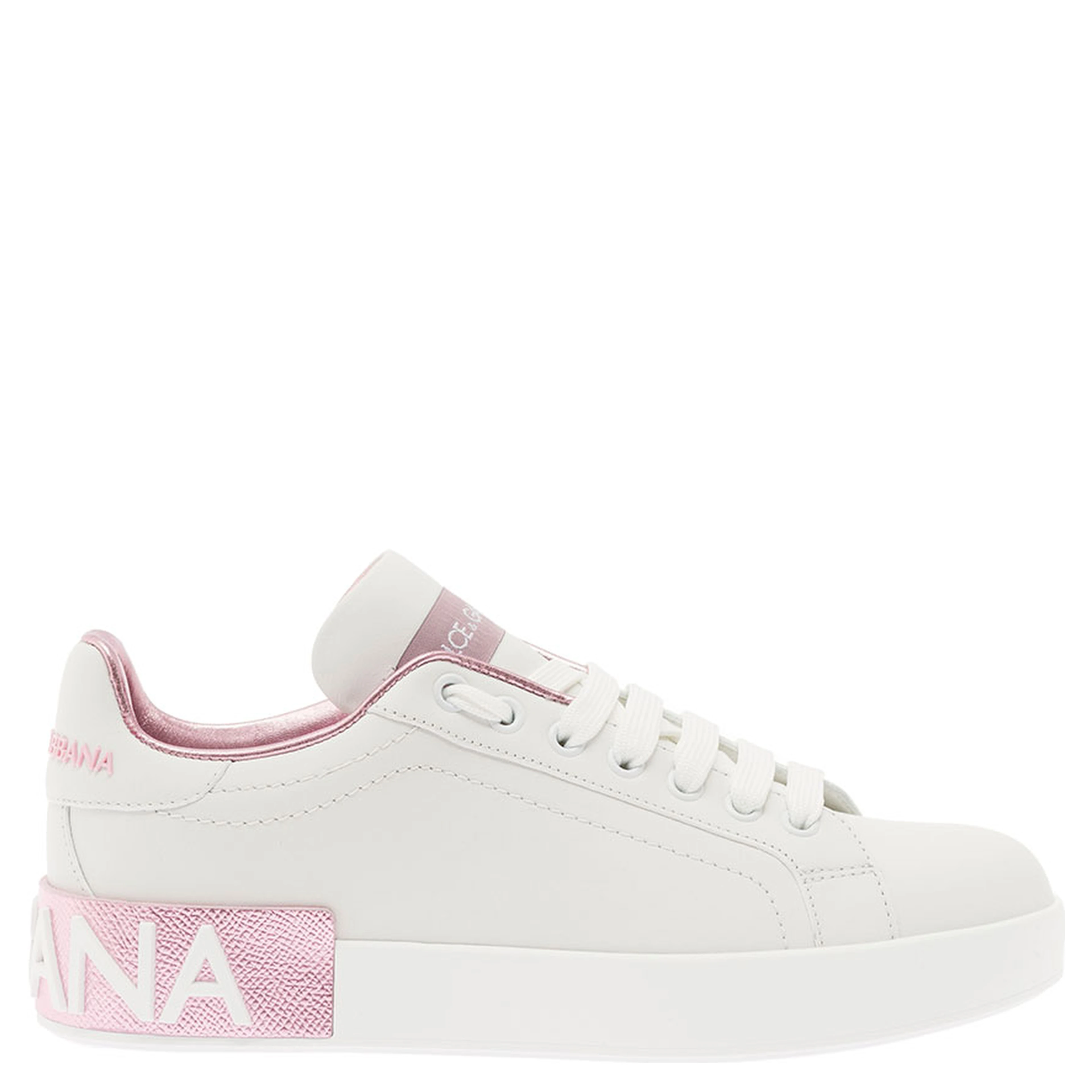 Portofino White and Pink Low Sneakers with logo in Leather for Women