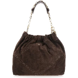Shoulder Bag June with Chain Strap and Logo on Front in Brown Suede for Women