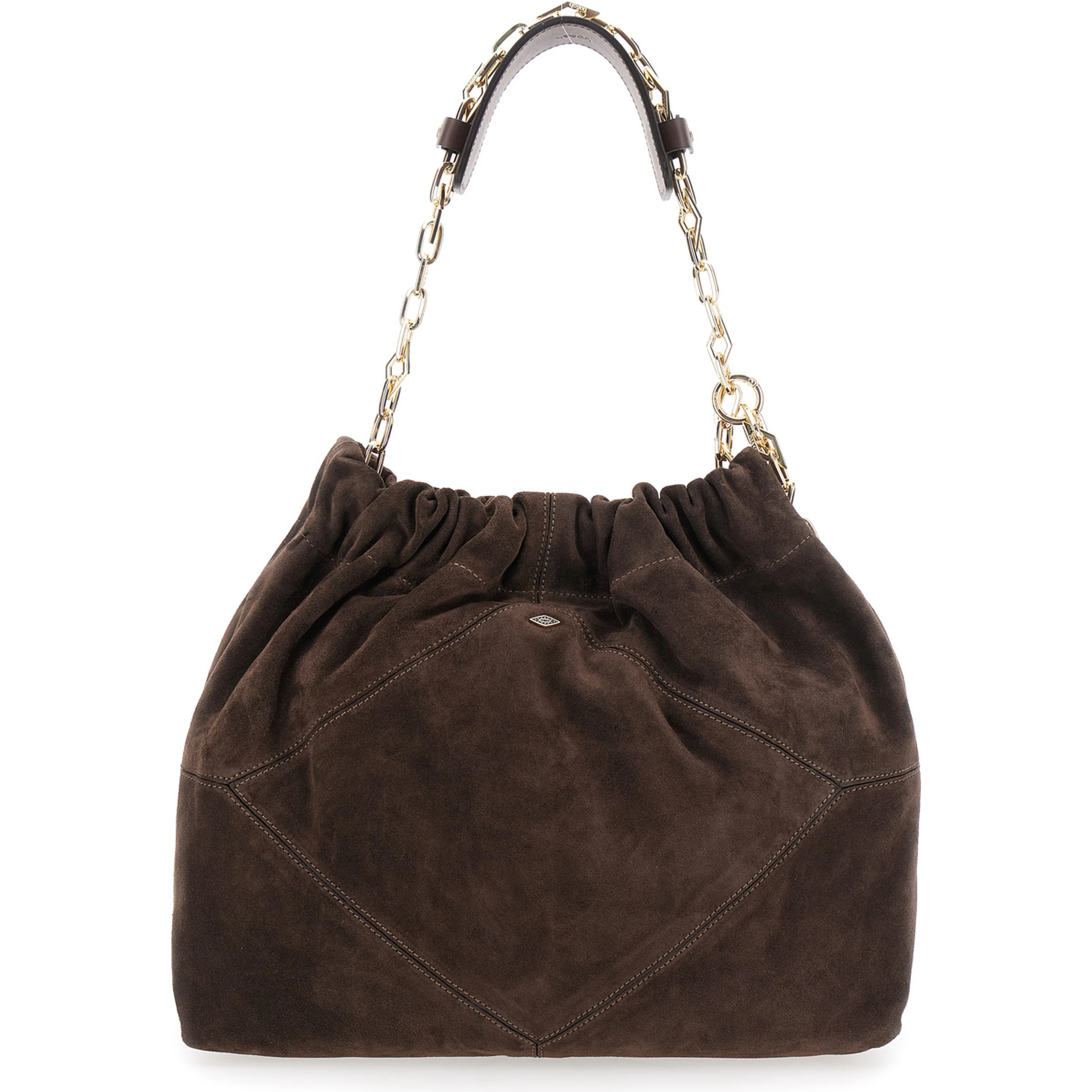 Shoulder Bag June with Chain Strap and Logo on Front in Brown Suede for Women