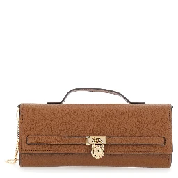 Hamilton Brown Pouch with Removable Chain Strap and Closure with Logo Plate on the Front in Grained Leather for Women