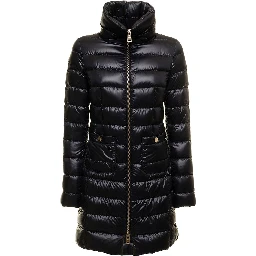 Long down jacket with high collar and long sleeves in Tech Fabric Black Woman