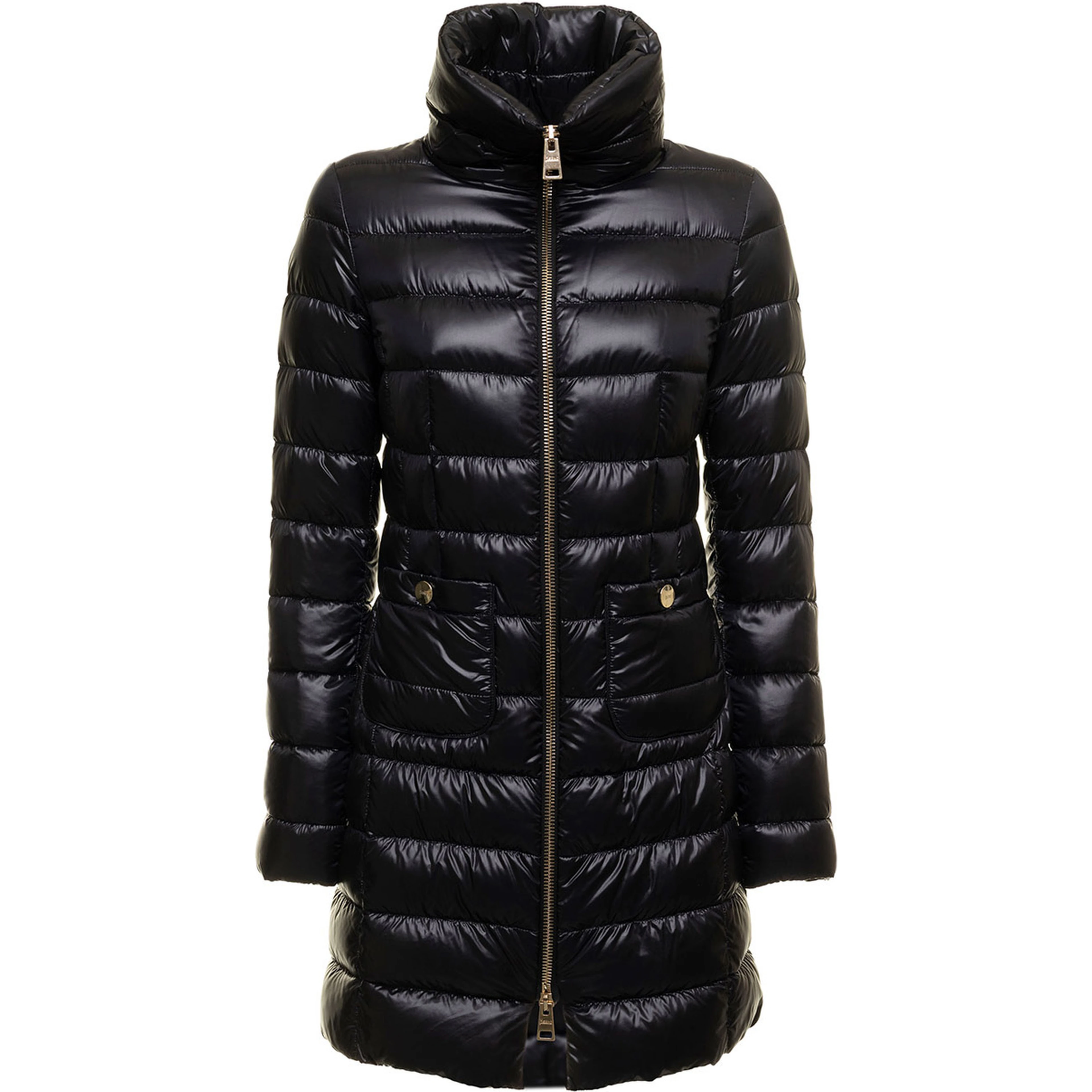 Long down jacket with high collar and long sleeves in Tech Fabric Black Woman