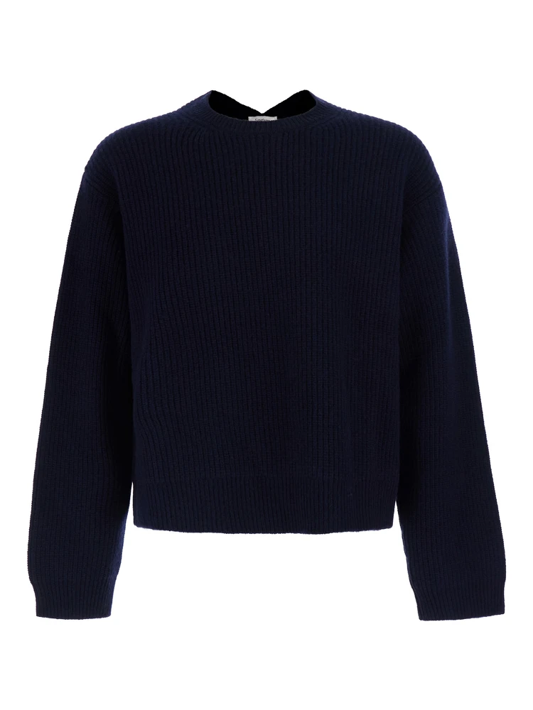 Blue Sweater with round neck and V-neck on the back in ribbed wool for men