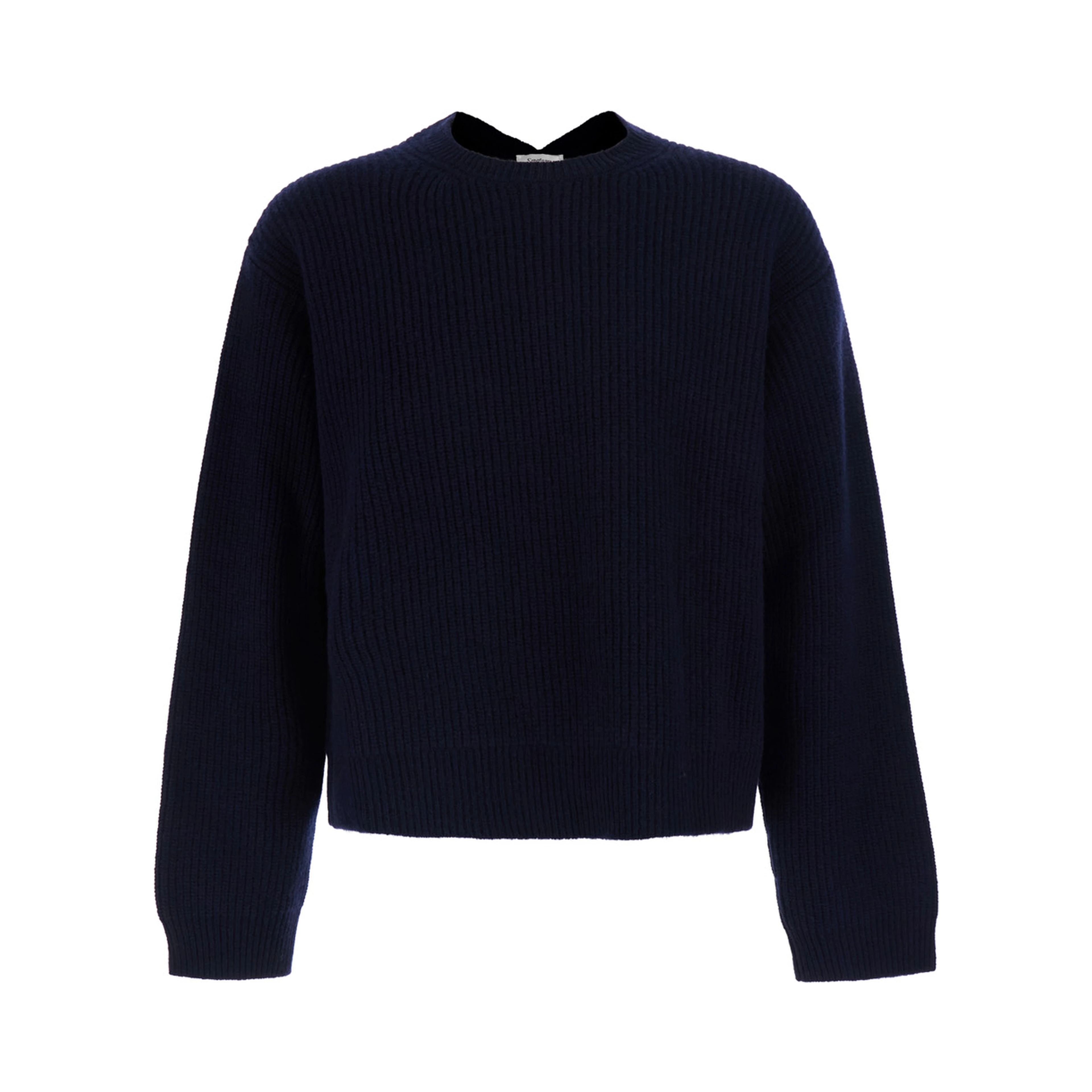 Blue Sweater with round neck and V-neck on the back in ribbed wool for men