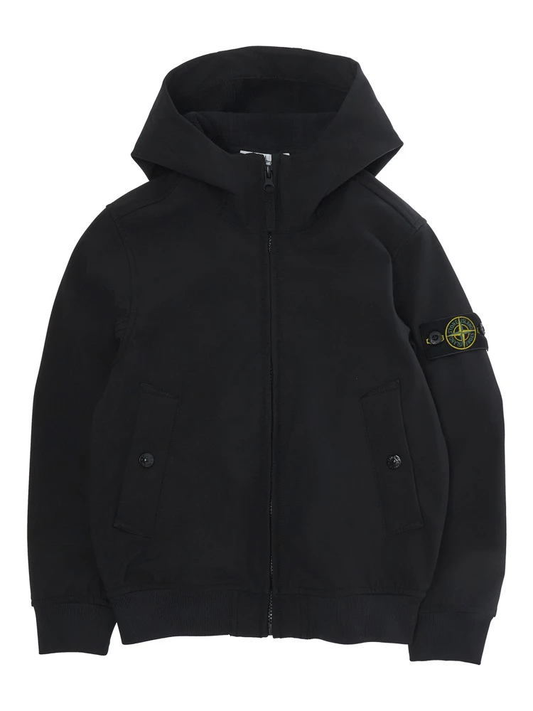 Short Parka with Hood and Pockets in Black Tech Fabric for Boy