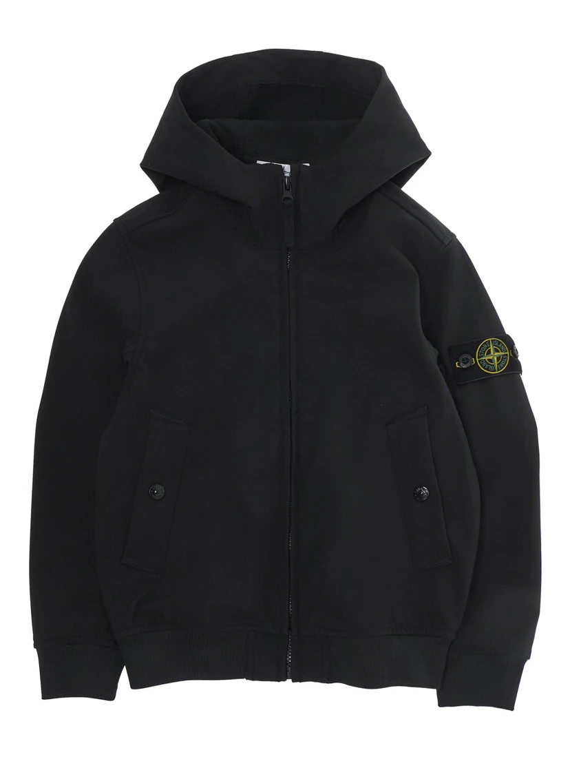 Short Parka with Hood and Pockets in Black Tech Fabric for Boy