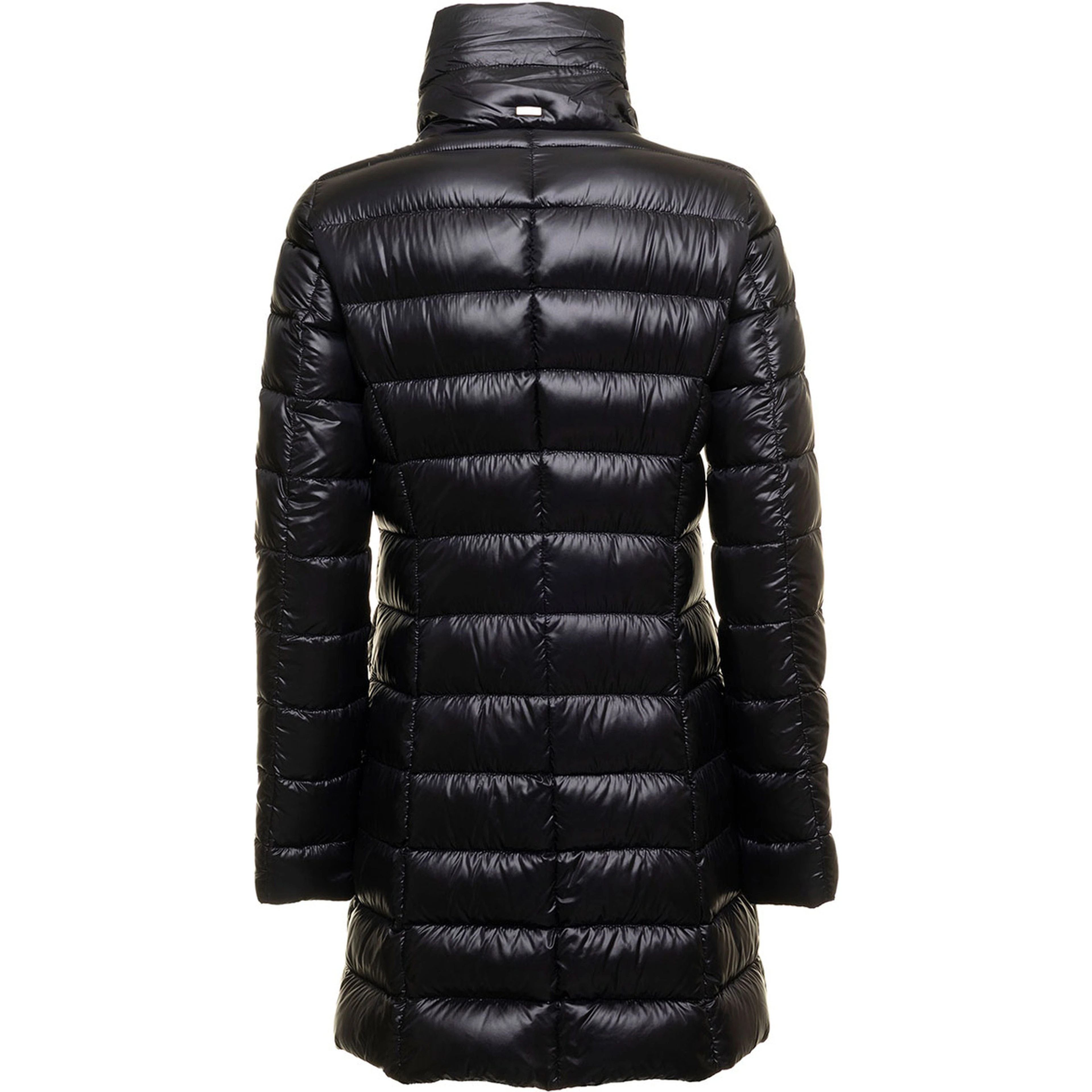 Long down jacket with high collar and long sleeves in Tech Fabric Black Woman