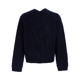 Blue Sweater with round neck and V-neck on the back in ribbed wool for men