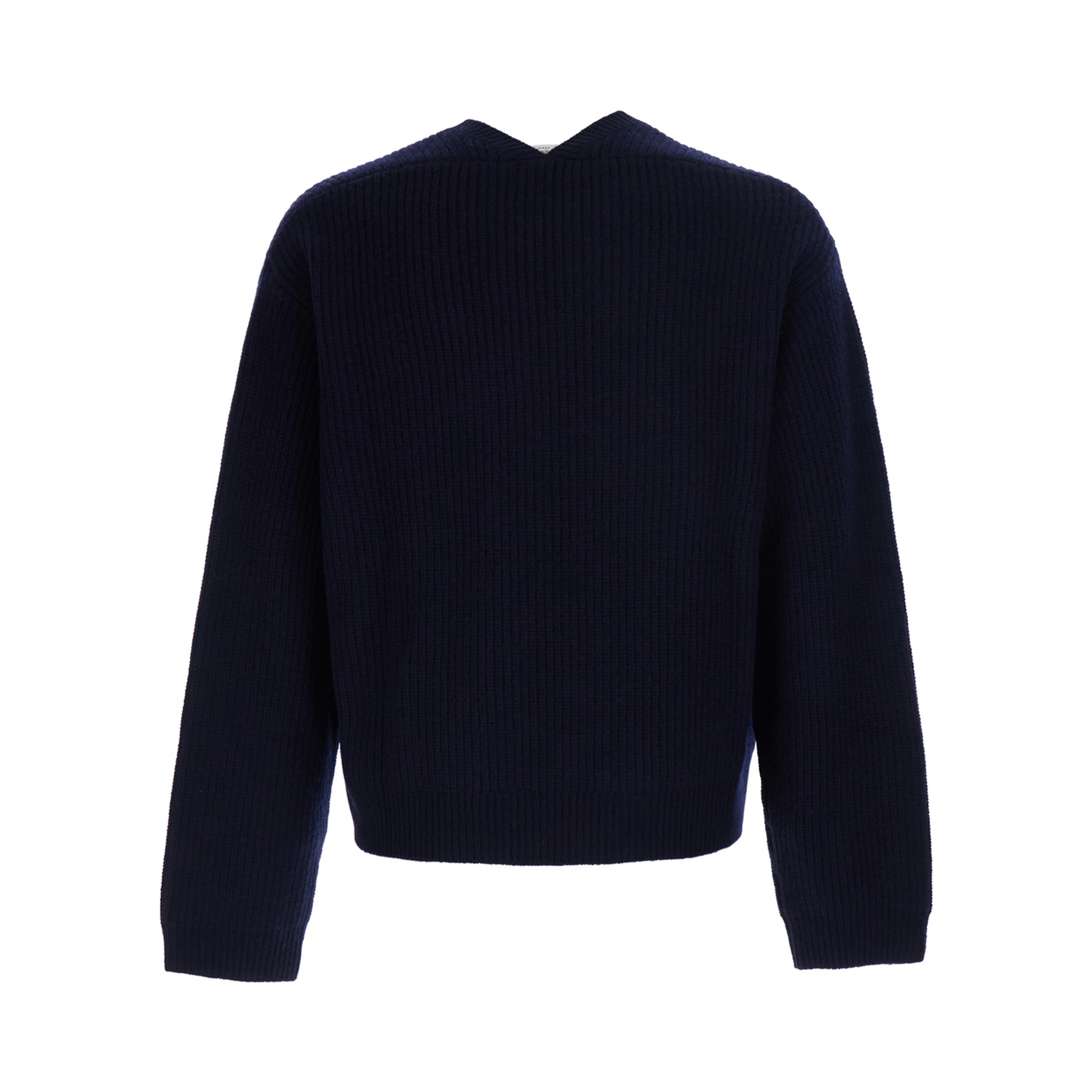 Blue Sweater with round neck and V-neck on the back in ribbed wool for men