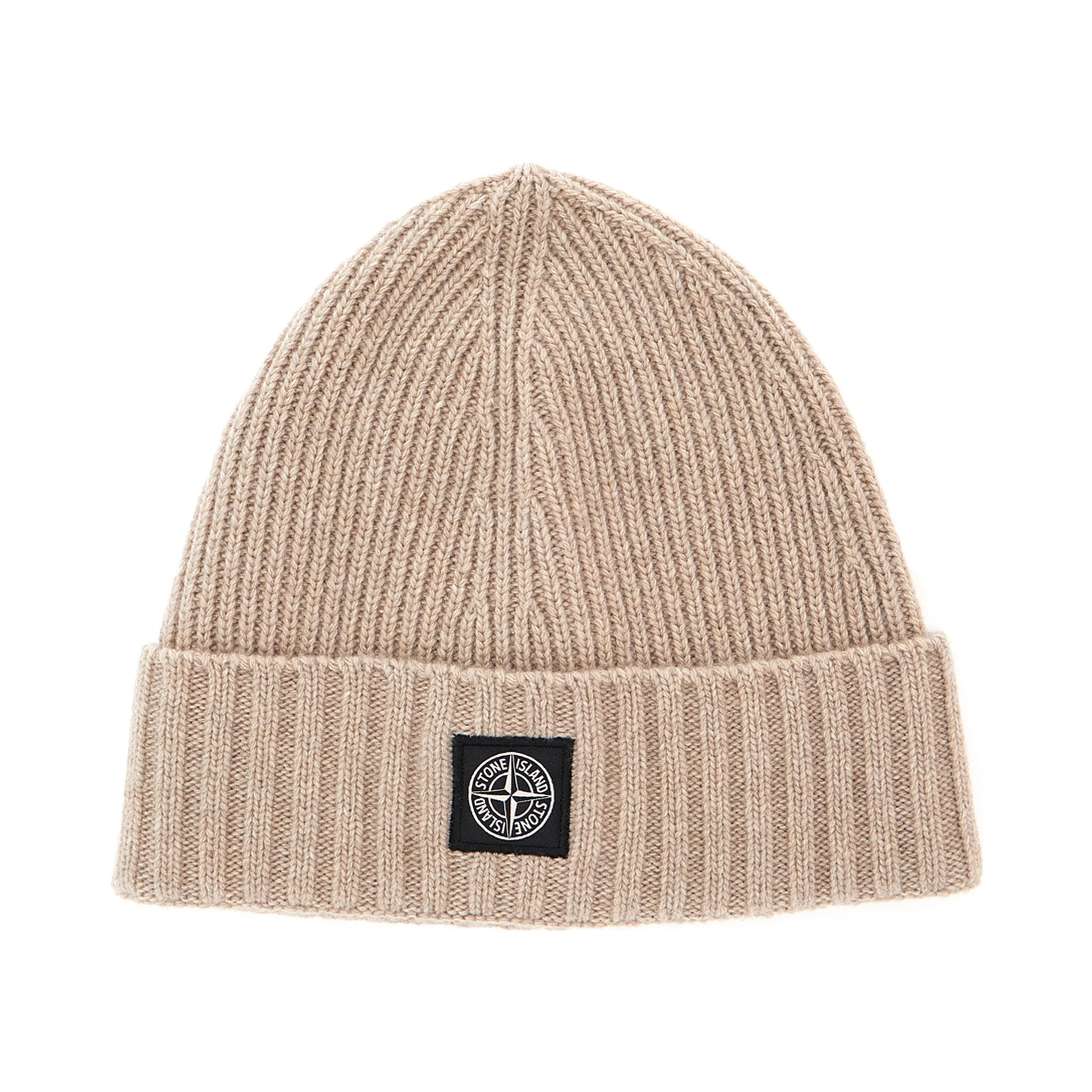 Beige beanie with turn-up brim and logo patch on the front in blend wool boy