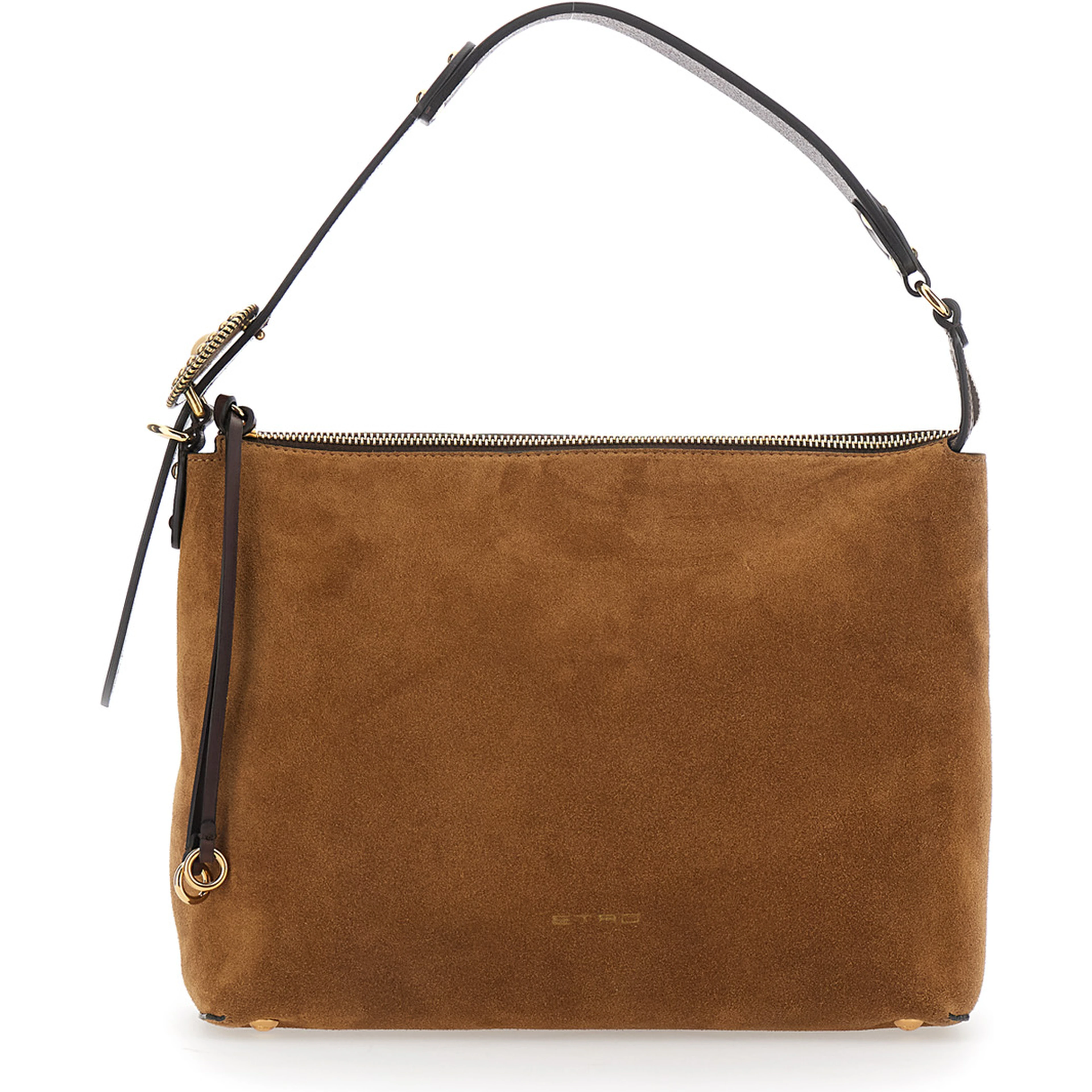 Brown Shoulder bag with adjustable strap and Logo lettering on the front in suede for women