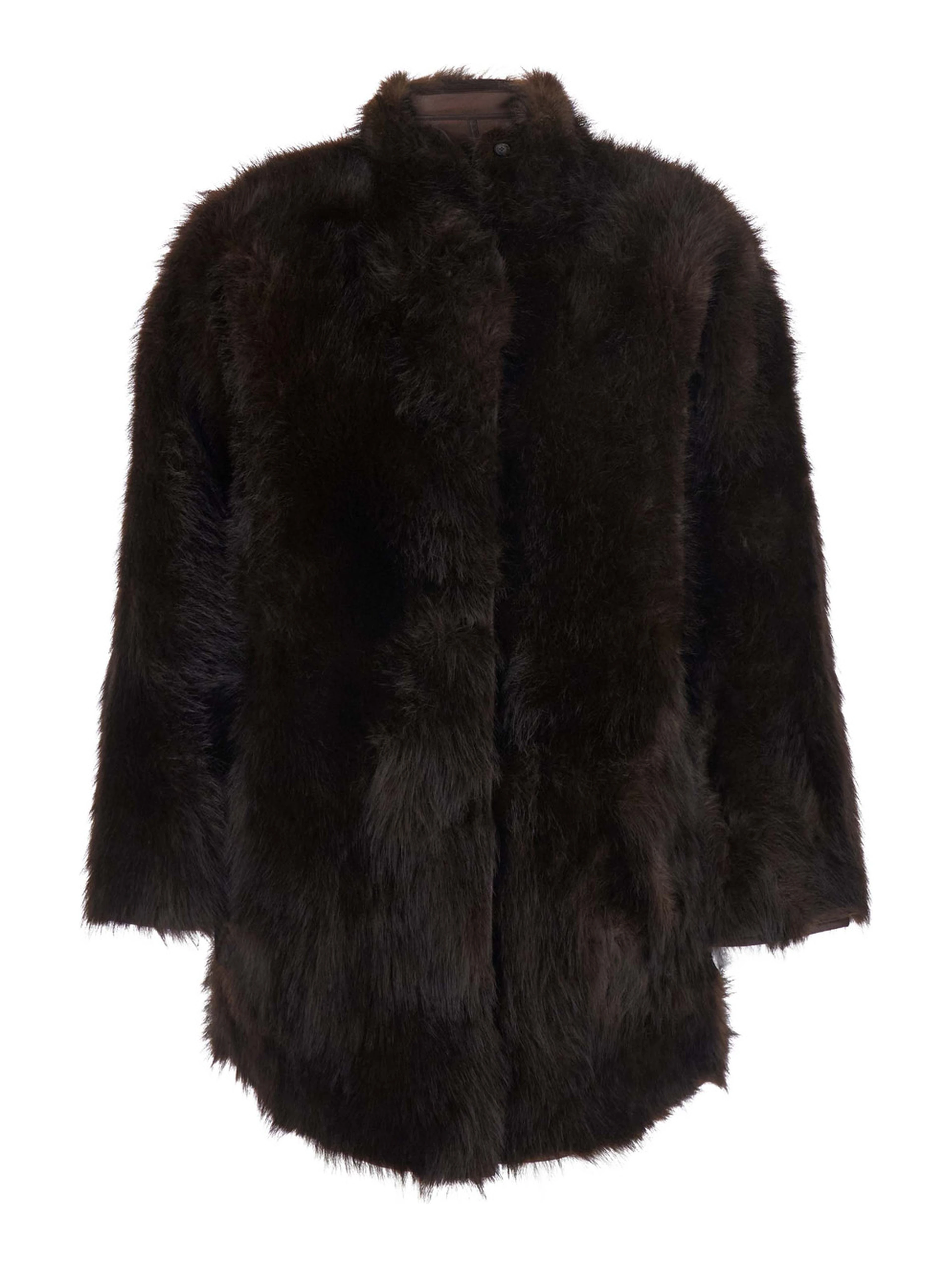 brown fur coat with high collar and reversible design in Faux fur for women