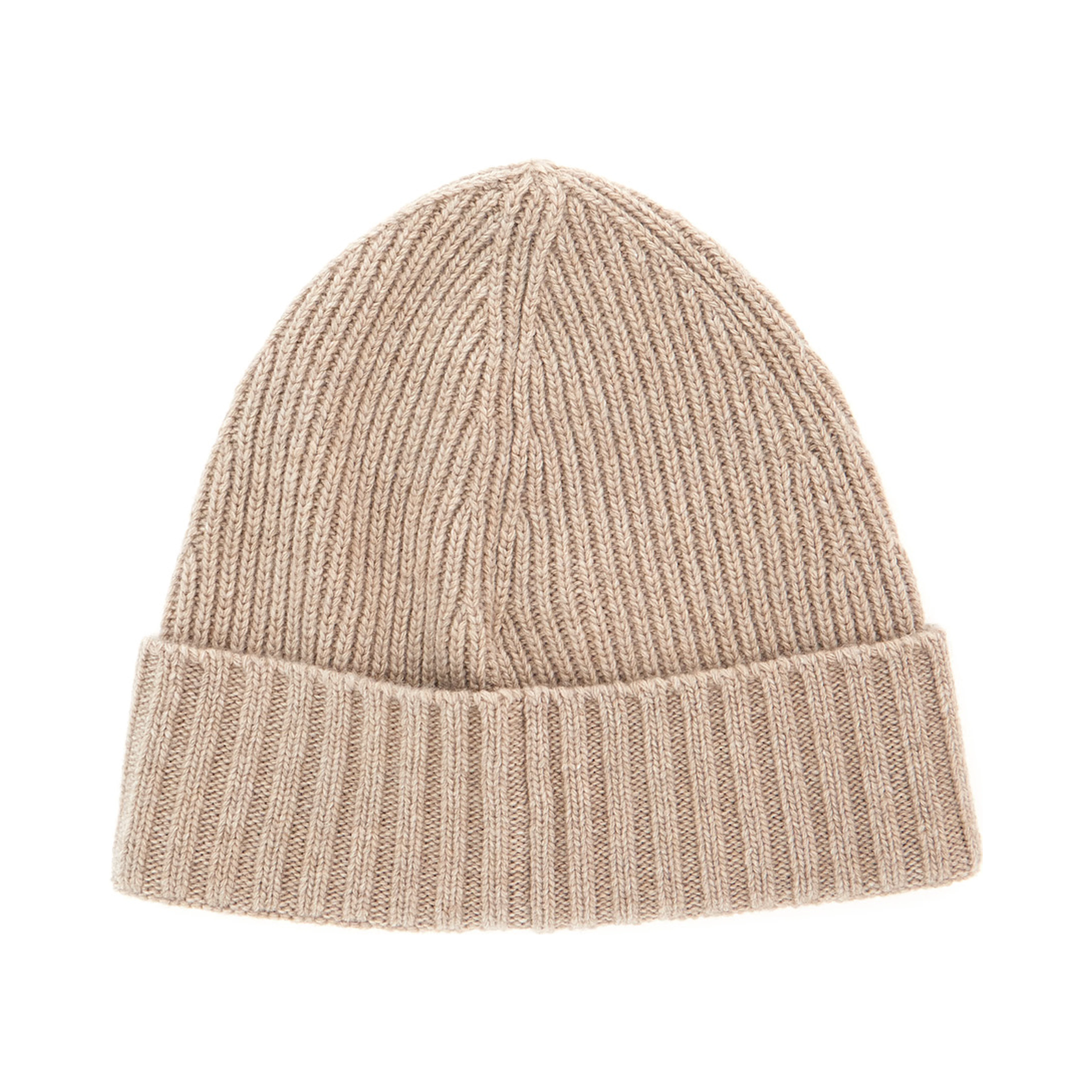 Beige beanie with turn-up brim and logo patch on the front in blend wool boy