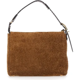 Brown Shoulder bag with adjustable strap and Logo lettering on the front in suede for women