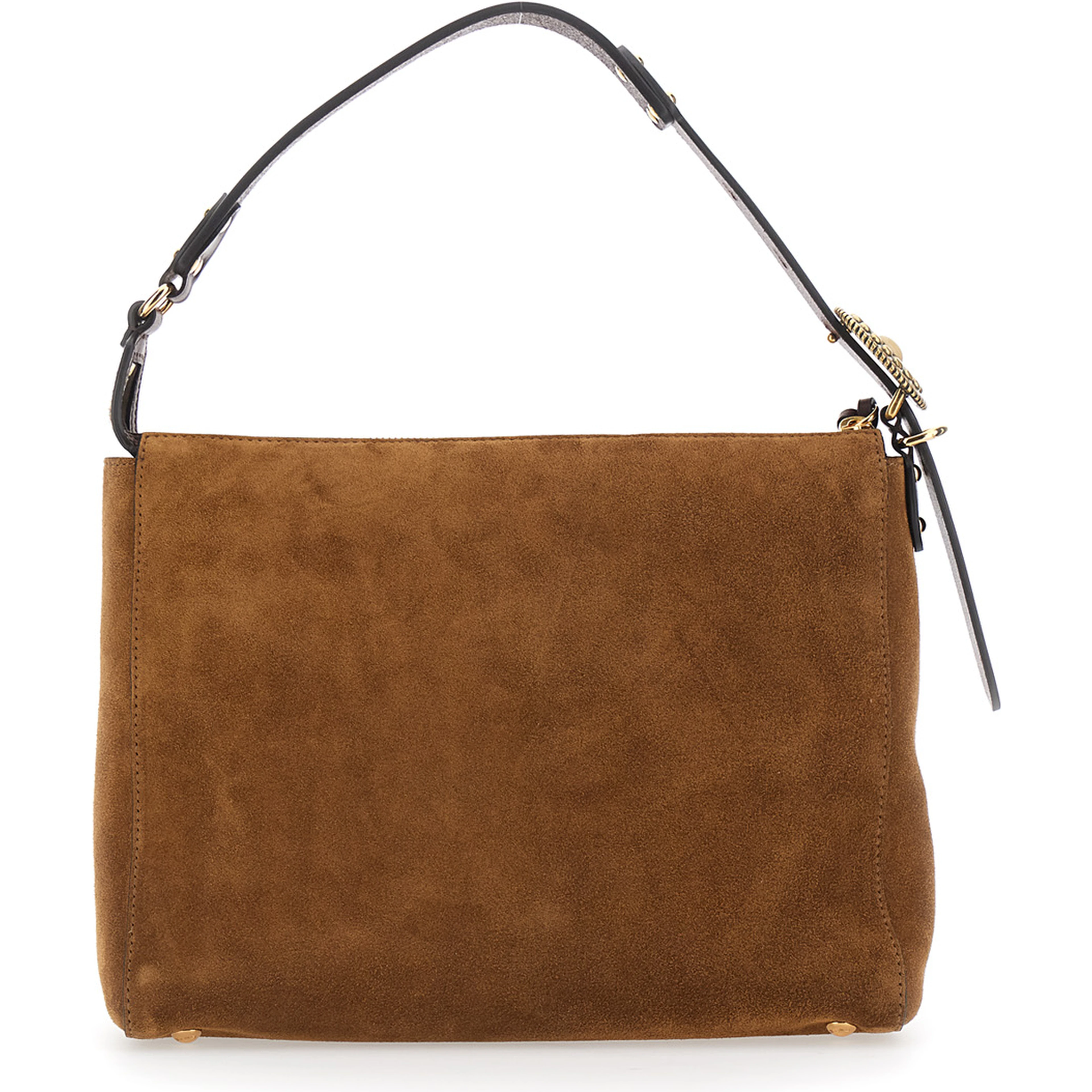 Brown Shoulder bag with adjustable strap and Logo lettering on the front in suede for women