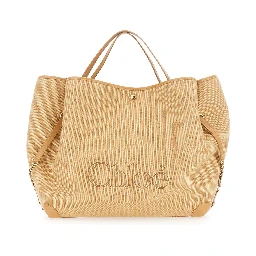 Chloe Clover Beige Tote Bag with Logo Lettering on the Front and Adjustable Chain Strap in Fabric for Women