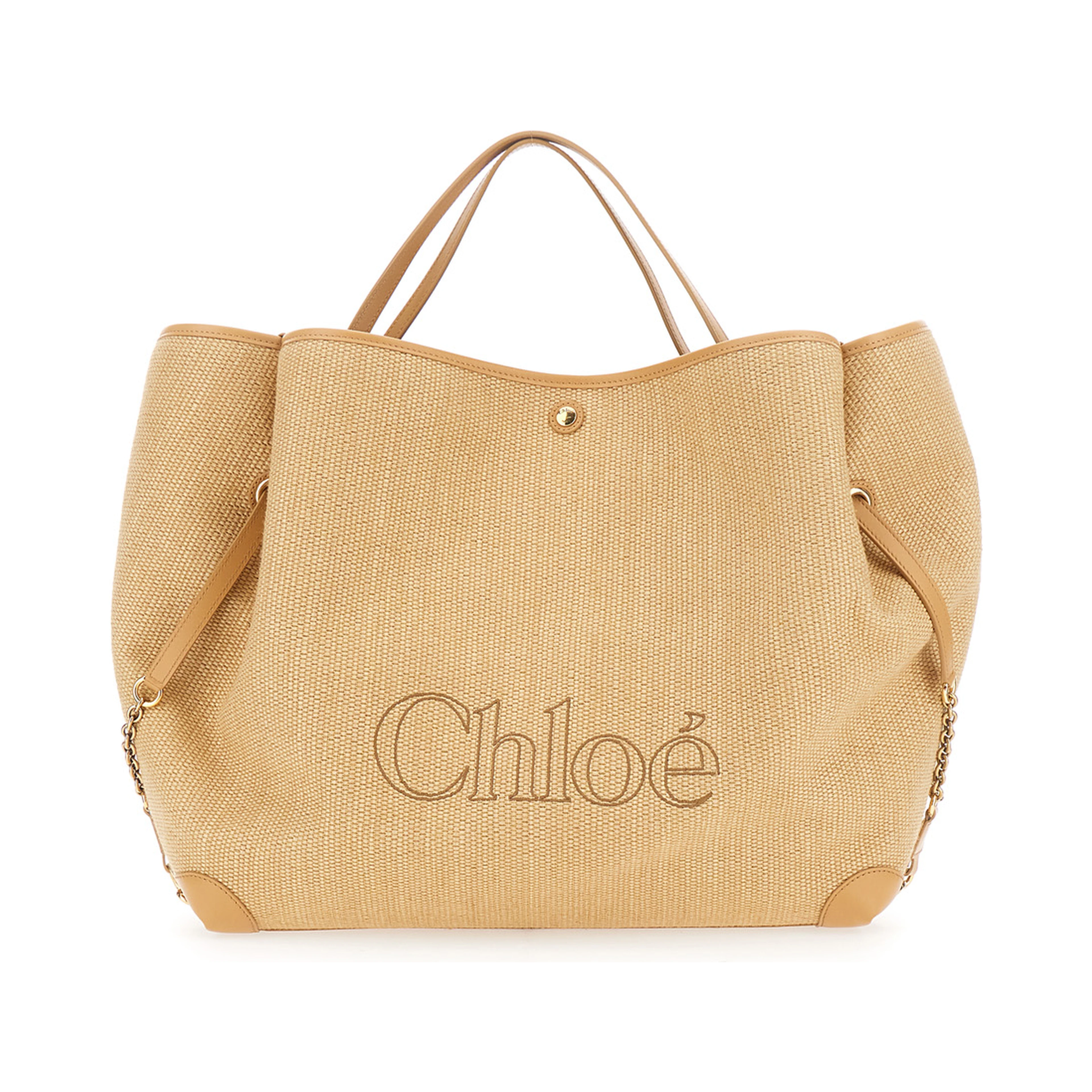 Chloe Clover Beige Tote Bag with Logo Lettering on the Front and Adjustable Chain Strap in Fabric for Women